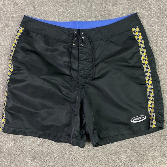 Vintage 90s Patagonia Board Shorts Men's 38 Black Nylon Unlined Swim Trunks - Picture 1 of 13